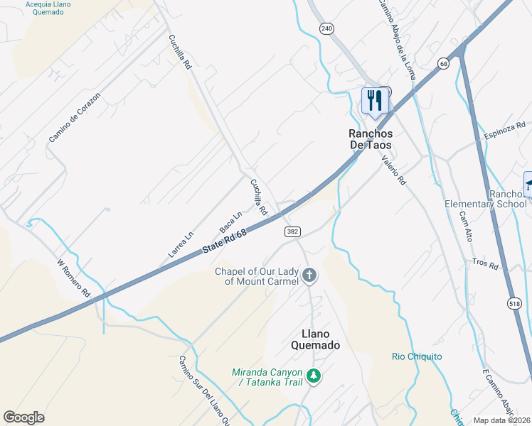 map of restaurants, bars, coffee shops, grocery stores, and more near 4070-4080 Baca Lane in Ranchos de Taos