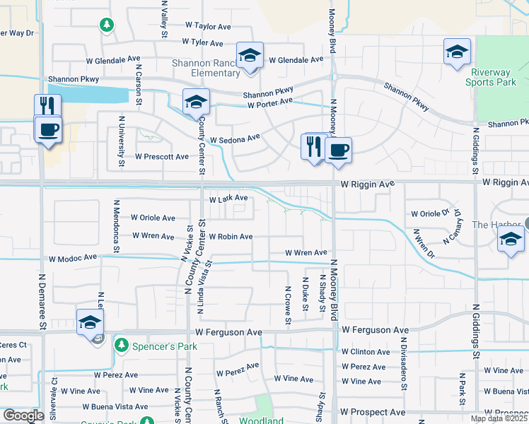 map of restaurants, bars, coffee shops, grocery stores, and more near 2817 North Sallee Court in Visalia