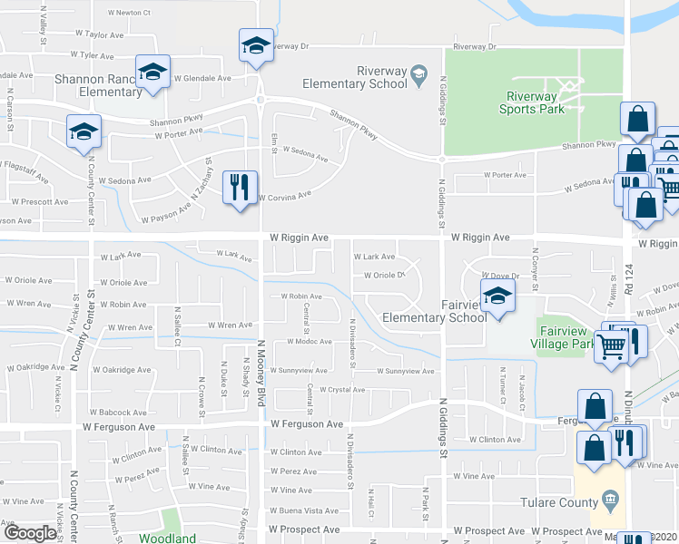 map of restaurants, bars, coffee shops, grocery stores, and more near 2824 North Dayton Street in Visalia