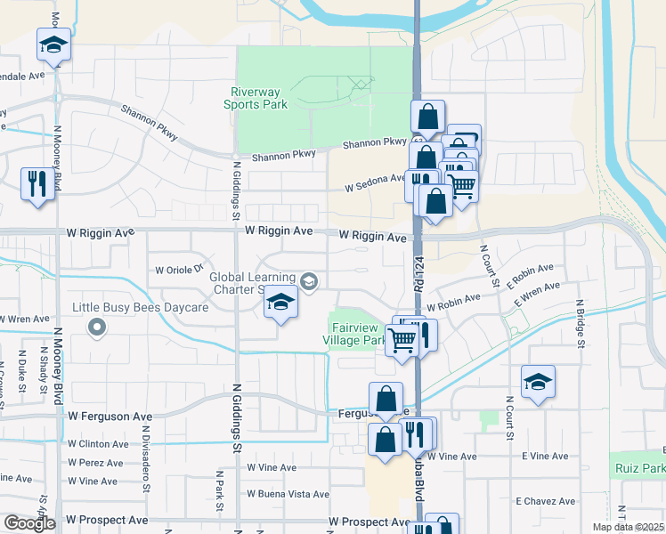 map of restaurants, bars, coffee shops, grocery stores, and more near 842 West Dove Court in Visalia