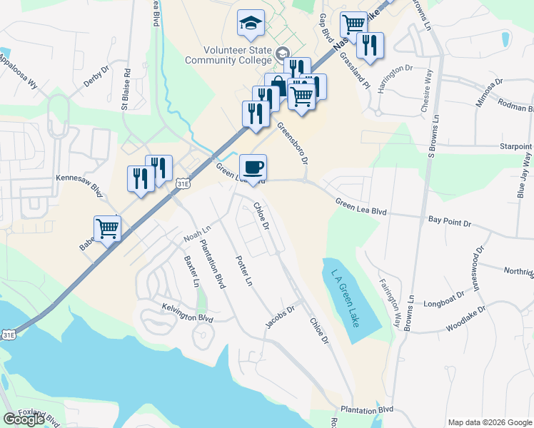 map of restaurants, bars, coffee shops, grocery stores, and more near 160 Winslow Court in Gallatin