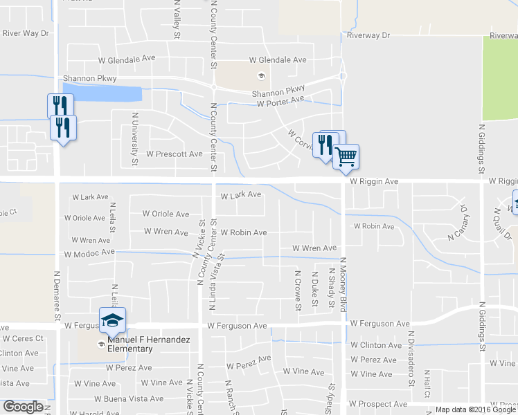 map of restaurants, bars, coffee shops, grocery stores, and more near 2910 North Zachary Street in Visalia