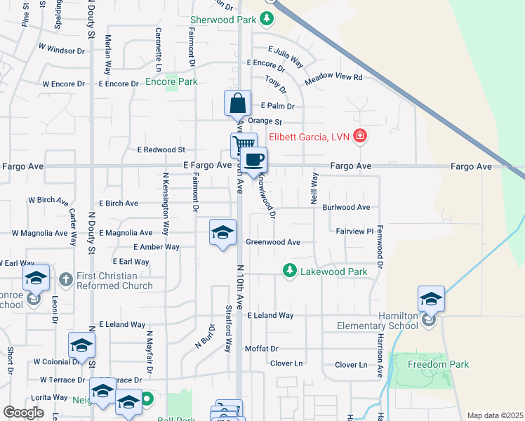 map of restaurants, bars, coffee shops, grocery stores, and more near 2405-2415 Knowlwood Drive in Hanford