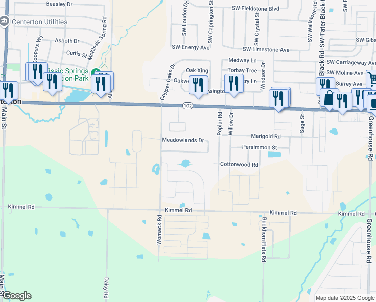 map of restaurants, bars, coffee shops, grocery stores, and more near 844 Meadowlands Drive in Centerton
