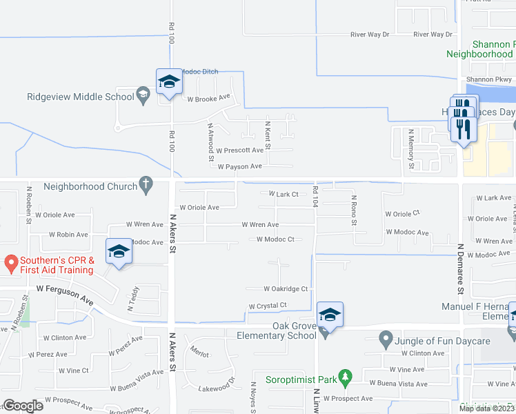 map of restaurants, bars, coffee shops, grocery stores, and more near 6239 West Oriole Court in Visalia