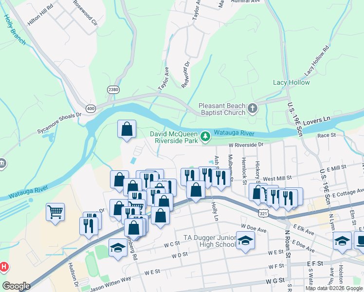 map of restaurants, bars, coffee shops, grocery stores, and more near Elizabethton Linear Path in Elizabethton