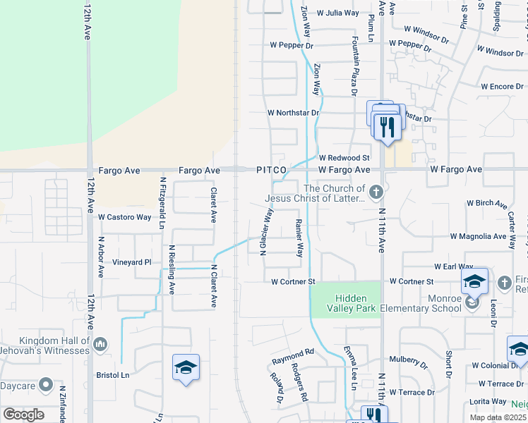 map of restaurants, bars, coffee shops, grocery stores, and more near 1141 West Canyon Way in Hanford