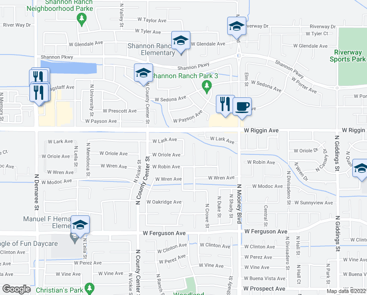 map of restaurants, bars, coffee shops, grocery stores, and more near 2827 North Zachary Street in Visalia
