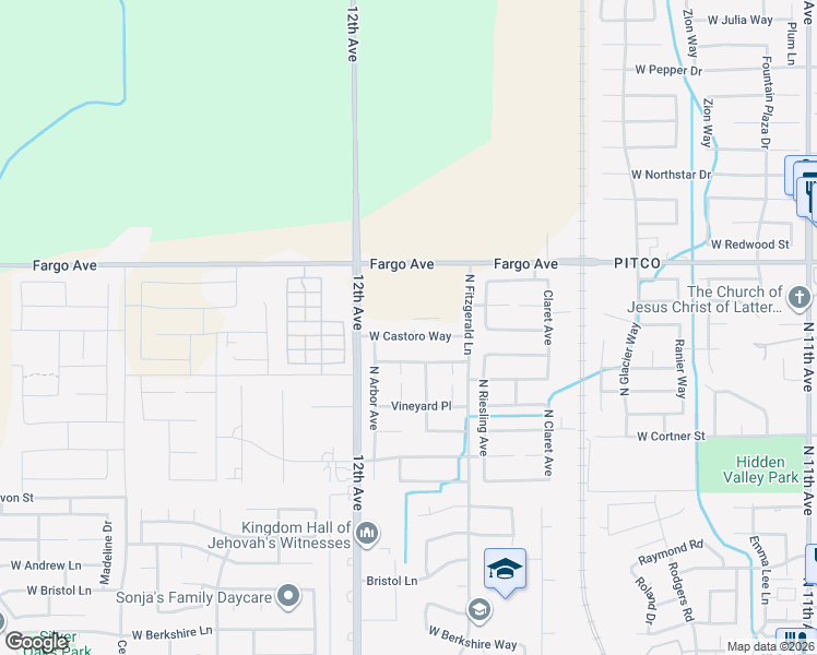 map of restaurants, bars, coffee shops, grocery stores, and more near 1630 Castoro Way in Hanford