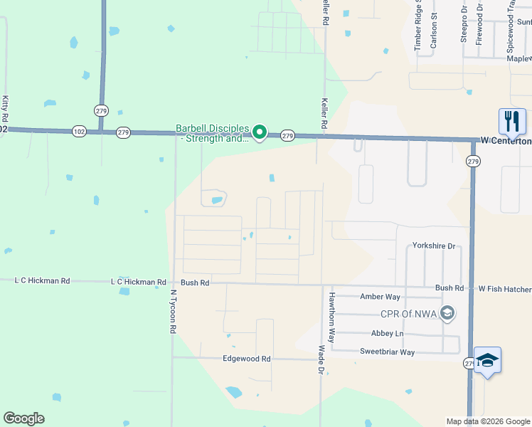 map of restaurants, bars, coffee shops, grocery stores, and more near 1879 West Centerton Boulevard in Centerton