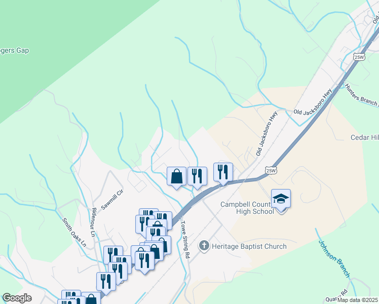 map of restaurants, bars, coffee shops, grocery stores, and more near 136 Davis Lane in LaFollette