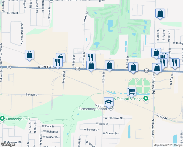 map of restaurants, bars, coffee shops, grocery stores, and more near 2526-2698 West Hudson Road in Rogers