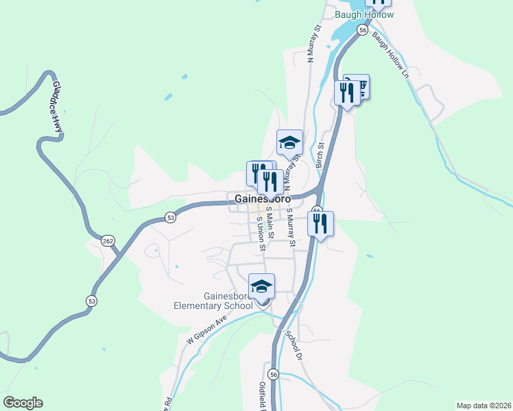 map of restaurants, bars, coffee shops, grocery stores, and more near 107 S Union St in Gainesboro