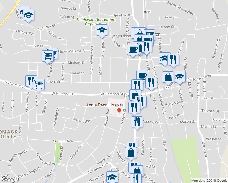 map of restaurants, bars, coffee shops, grocery stores, and more near 414 West Harrison Street in Reidsville