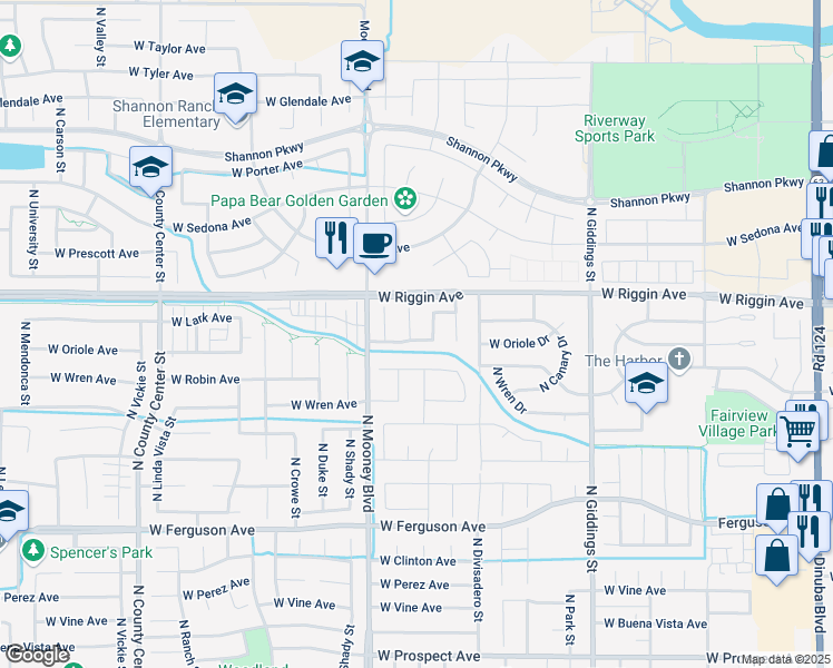 map of restaurants, bars, coffee shops, grocery stores, and more near 2849 N Central Ct in Visalia
