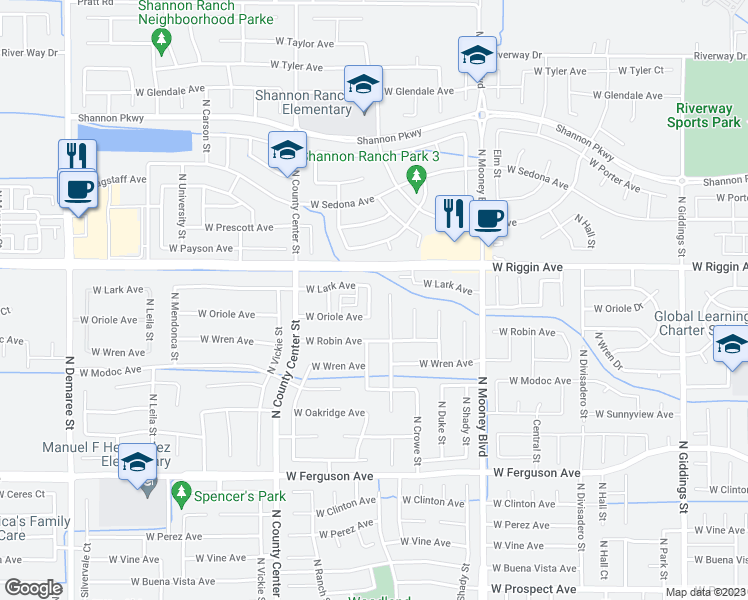 map of restaurants, bars, coffee shops, grocery stores, and more near 2846 North Zachary Street in Visalia