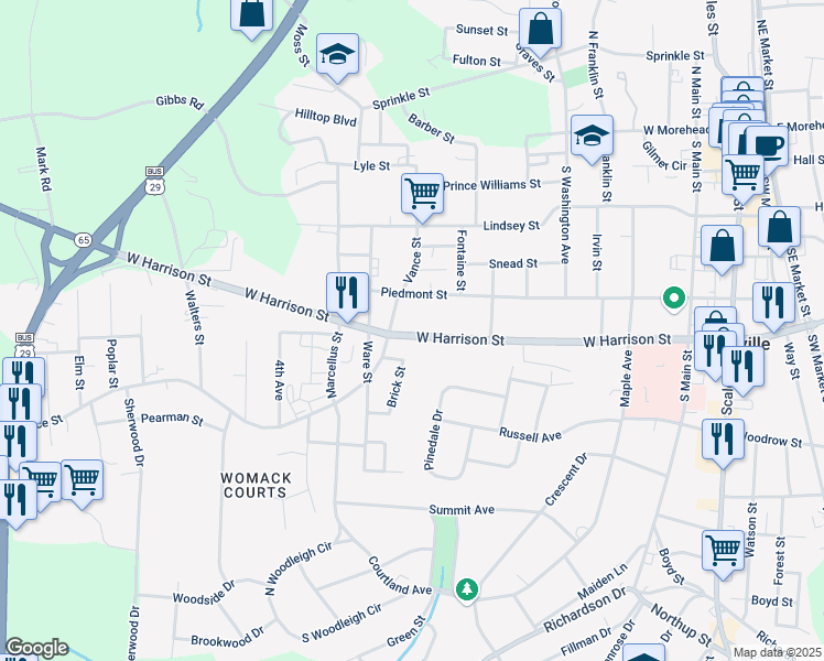 map of restaurants, bars, coffee shops, grocery stores, and more near 736 West Harrison Street in Reidsville
