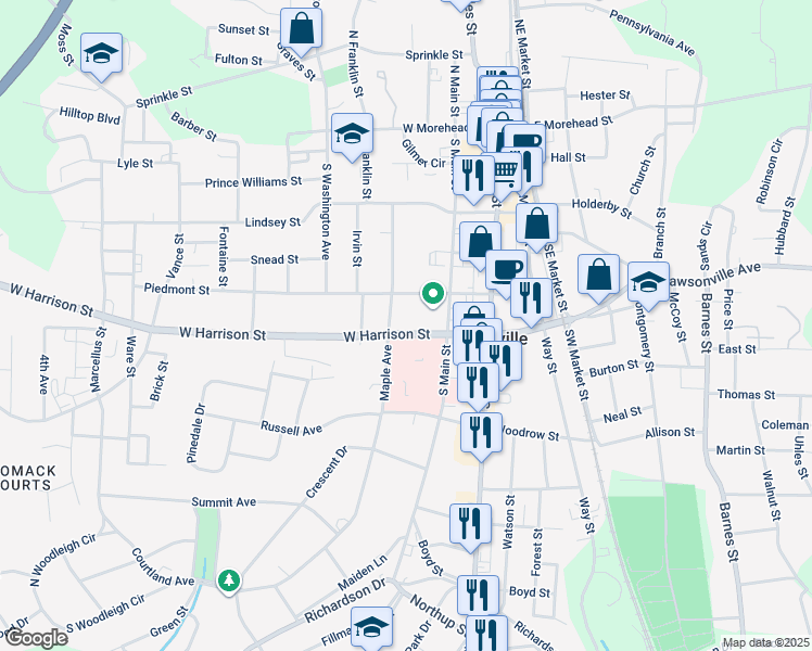 map of restaurants, bars, coffee shops, grocery stores, and more near 414 West Harrison Street in Reidsville