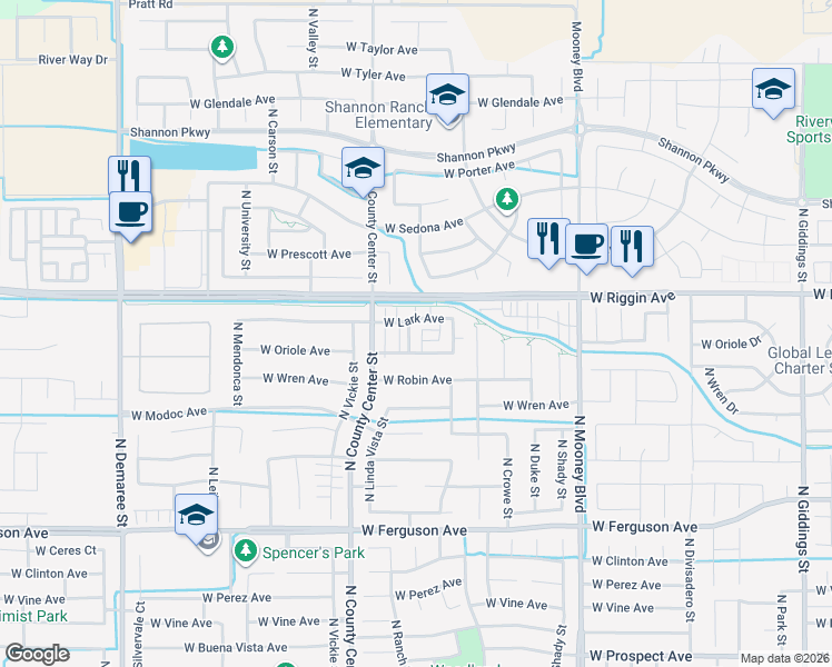 map of restaurants, bars, coffee shops, grocery stores, and more near 2860 North Terrace Street in Visalia