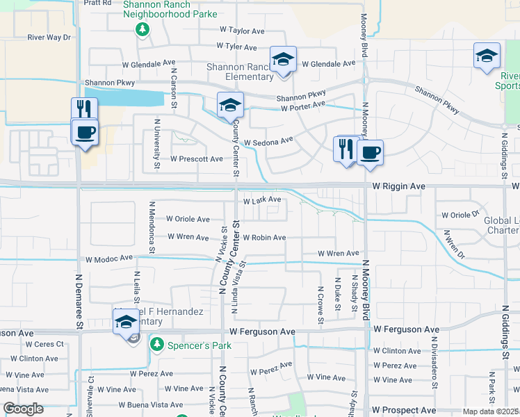 map of restaurants, bars, coffee shops, grocery stores, and more near 2862 North Terrace Street in Visalia