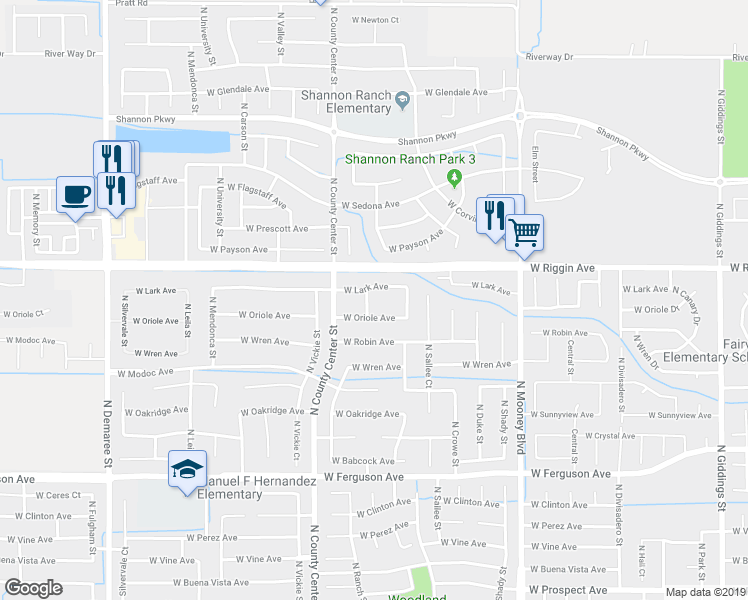 map of restaurants, bars, coffee shops, grocery stores, and more near 2900 North Terrace Street in Visalia