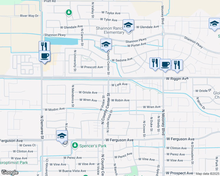 map of restaurants, bars, coffee shops, grocery stores, and more near 2900 North County Center Street in Visalia