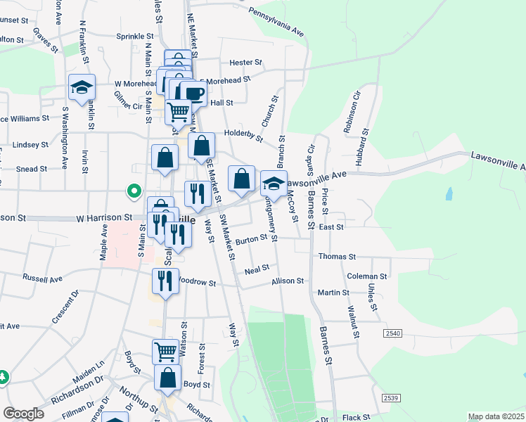 map of restaurants, bars, coffee shops, grocery stores, and more near 606 Montgomery Street in Reidsville