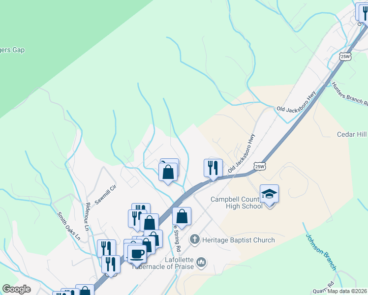 map of restaurants, bars, coffee shops, grocery stores, and more near 136 Davis Lane in LaFollette