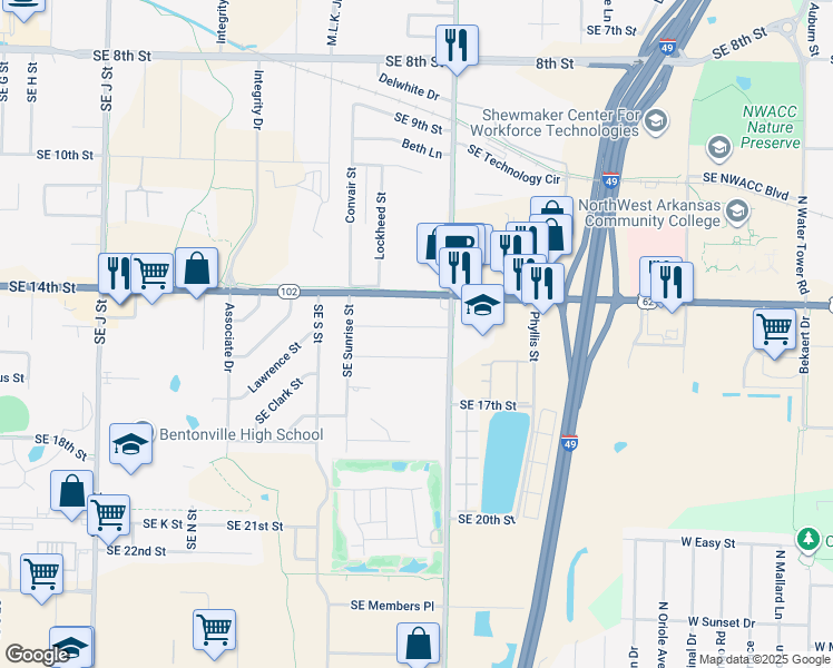 map of restaurants, bars, coffee shops, grocery stores, and more near 2306 Southeast 15th Street in Bentonville