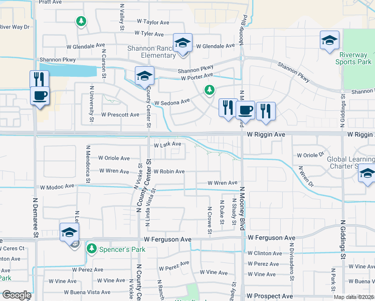 map of restaurants, bars, coffee shops, grocery stores, and more near 2840 North Zachary Street in Visalia