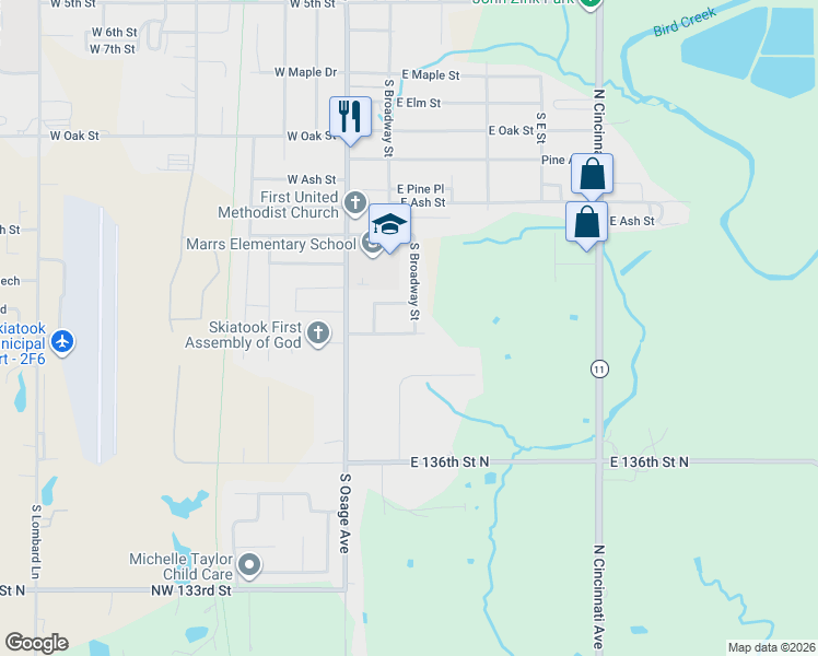 map of restaurants, bars, coffee shops, grocery stores, and more near 1221 South Broadway Street in Skiatook