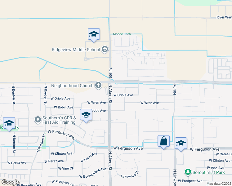map of restaurants, bars, coffee shops, grocery stores, and more near 5224 West Oriole Avenue in Visalia