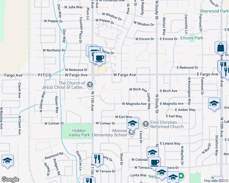 map of restaurants, bars, coffee shops, grocery stores, and more near 461 West Birch Court in Hanford