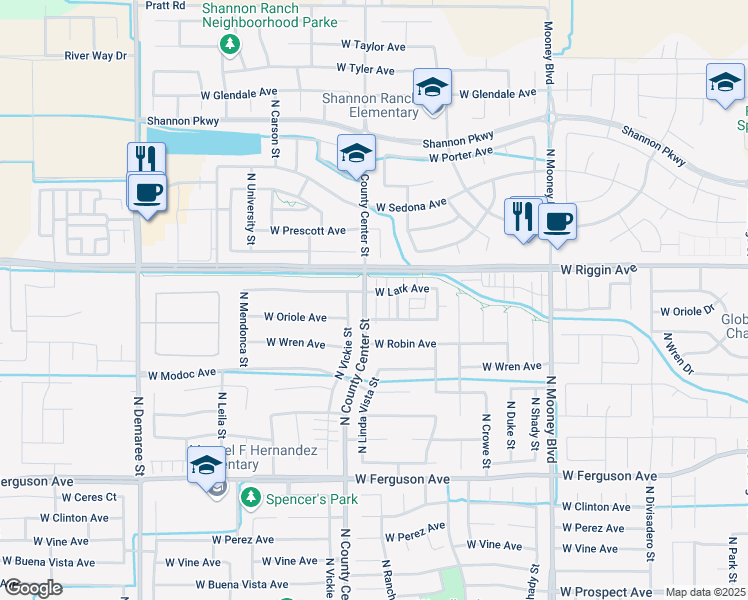 map of restaurants, bars, coffee shops, grocery stores, and more near 2900 North County Center Street in Visalia