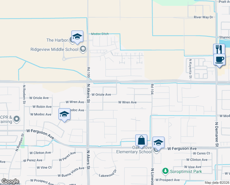 map of restaurants, bars, coffee shops, grocery stores, and more near 4922 West Oriole Avenue in Visalia