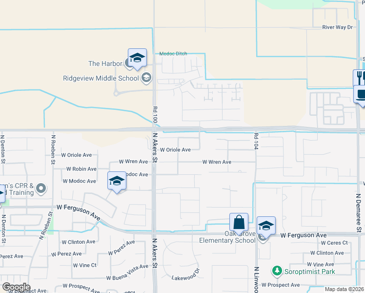 map of restaurants, bars, coffee shops, grocery stores, and more near 5036 West Oriole Avenue in Visalia