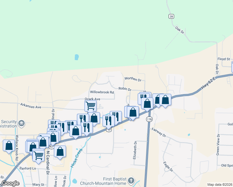 map of restaurants, bars, coffee shops, grocery stores, and more near 172 Robin Drive in Mountain Home