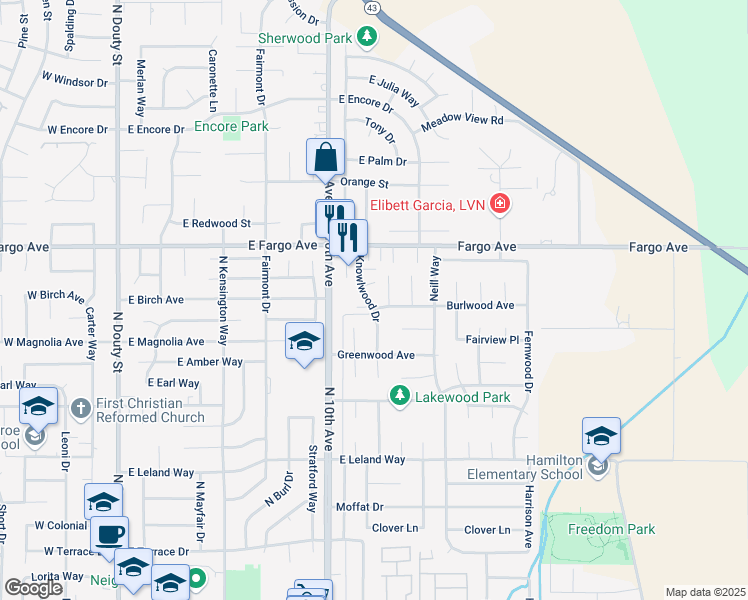 map of restaurants, bars, coffee shops, grocery stores, and more near 2405 Knowlwood Drive in Hanford