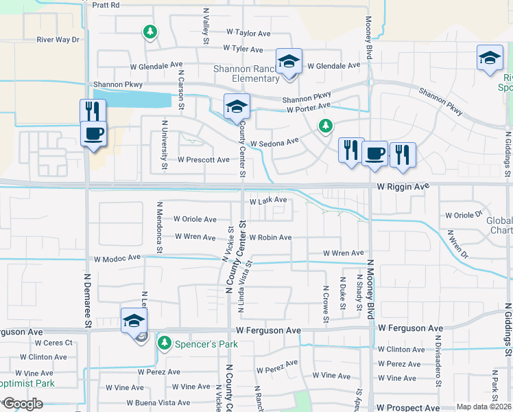 map of restaurants, bars, coffee shops, grocery stores, and more near 2721 West Lark Avenue in Visalia