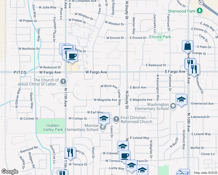 map of restaurants, bars, coffee shops, grocery stores, and more near 2376-2598 Michael Circle in Hanford