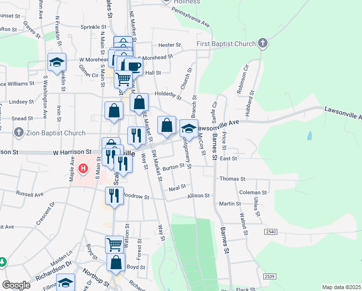 map of restaurants, bars, coffee shops, grocery stores, and more near 606 Montgomery Street in Reidsville