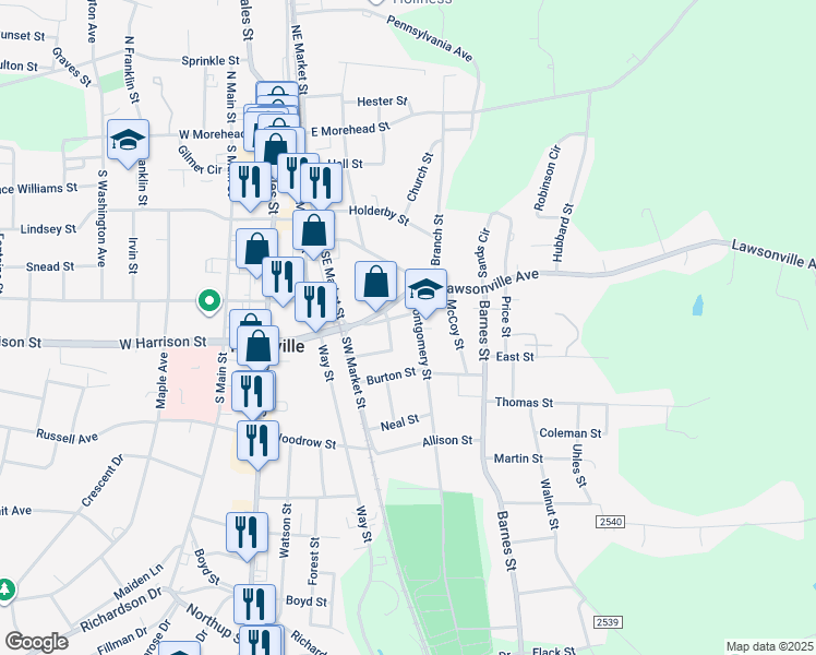 map of restaurants, bars, coffee shops, grocery stores, and more near 606 Montgomery Street in Reidsville