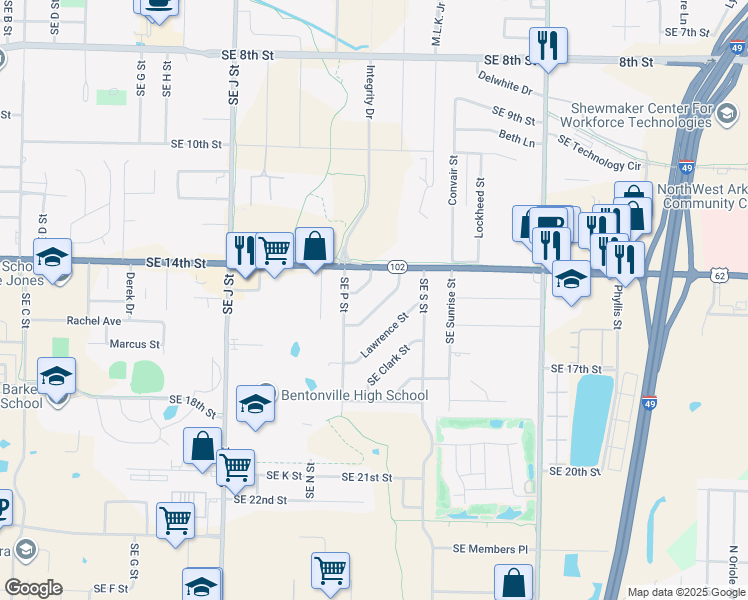 map of restaurants, bars, coffee shops, grocery stores, and more near 1801 Crouch Street in Bentonville