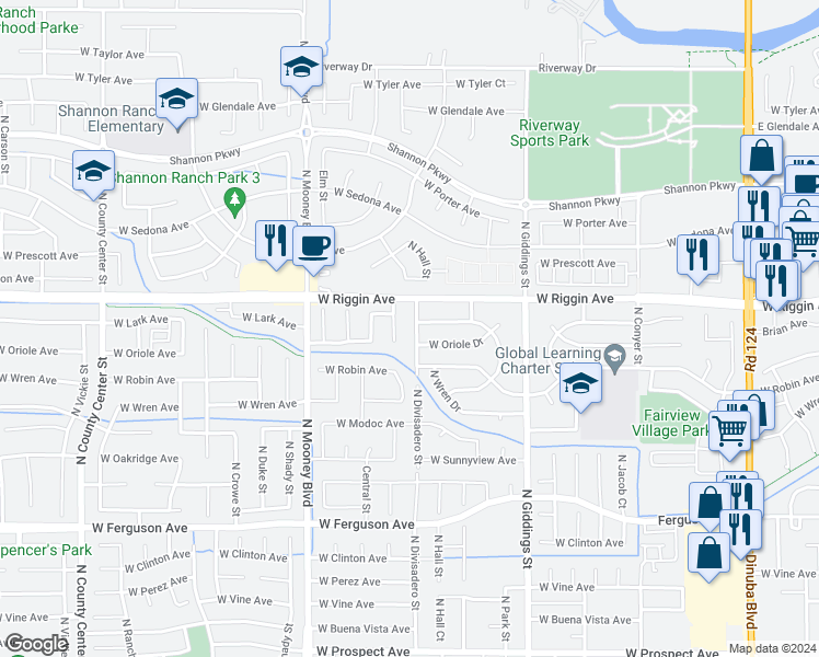map of restaurants, bars, coffee shops, grocery stores, and more near 2845 North Divisadero Street in Visalia