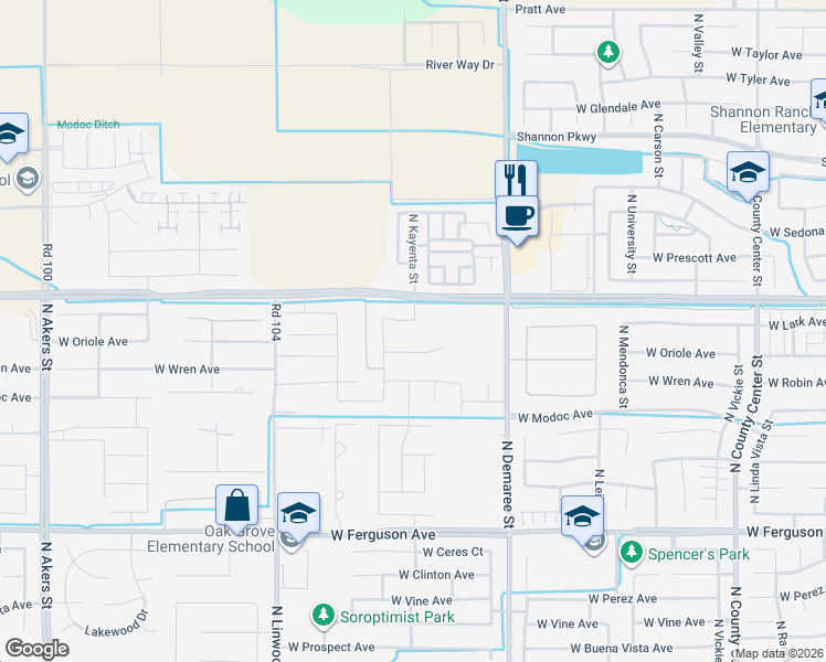 map of restaurants, bars, coffee shops, grocery stores, and more near 4011 W Lark Ave in Visalia