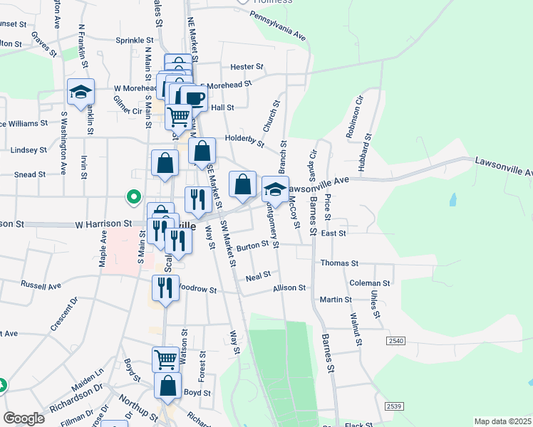 map of restaurants, bars, coffee shops, grocery stores, and more near 606 Montgomery Street in Reidsville