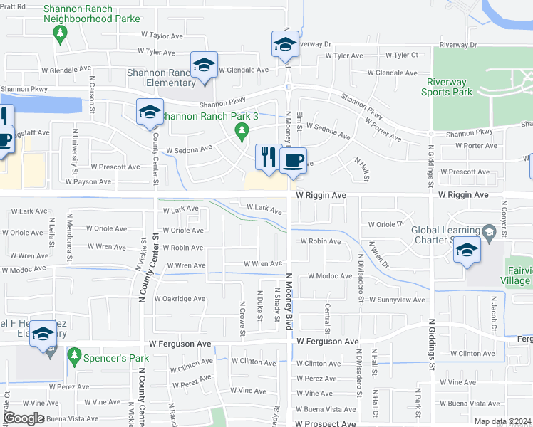 map of restaurants, bars, coffee shops, grocery stores, and more near 2201 West Lark Avenue in Visalia