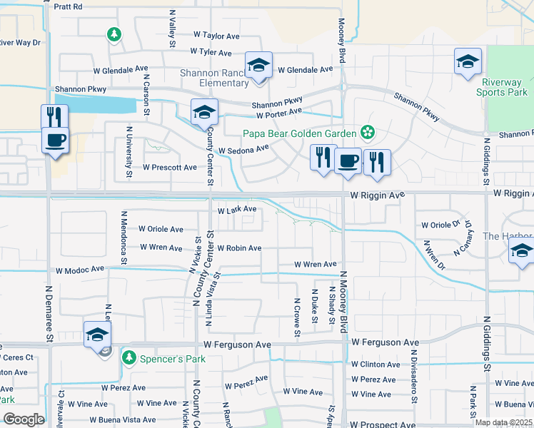 map of restaurants, bars, coffee shops, grocery stores, and more near 2908 North Zachary Street in Visalia