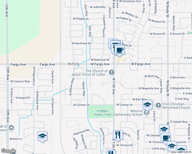 map of restaurants, bars, coffee shops, grocery stores, and more near 916 Upp Ct in Hanford