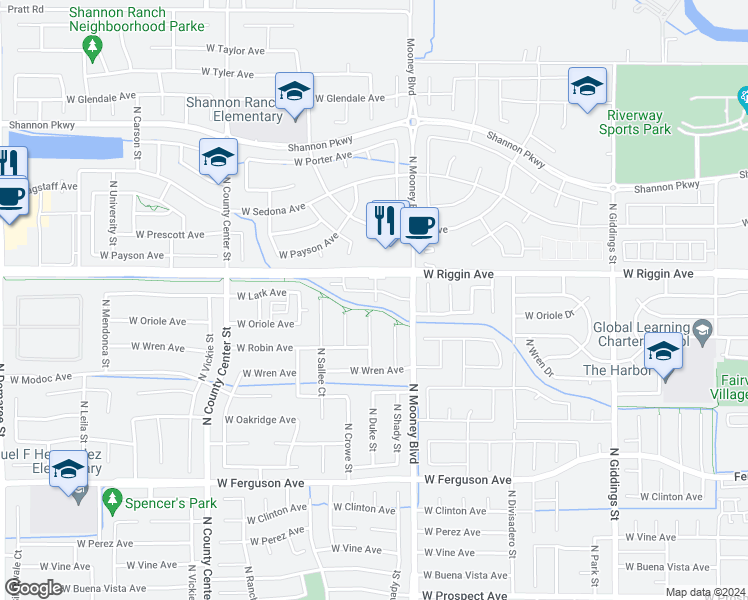 map of restaurants, bars, coffee shops, grocery stores, and more near 2221 West Lark Avenue in Visalia